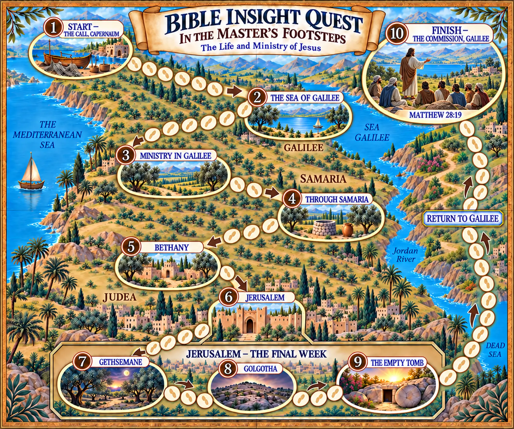 Illustrated game board showing the journey through Galilee, Samaria and Judea